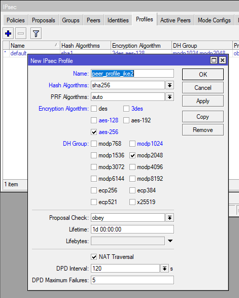 configure ipsec profile