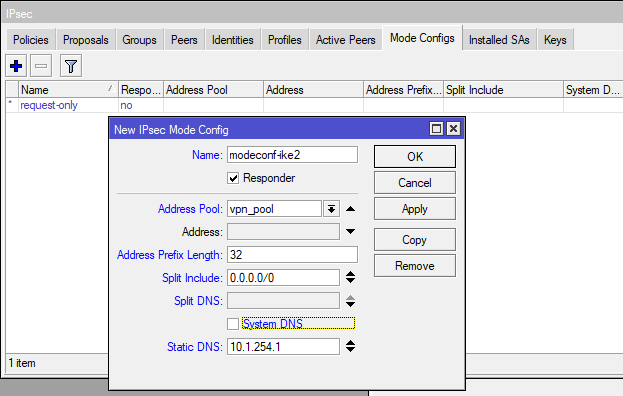 configure ipsec mode config